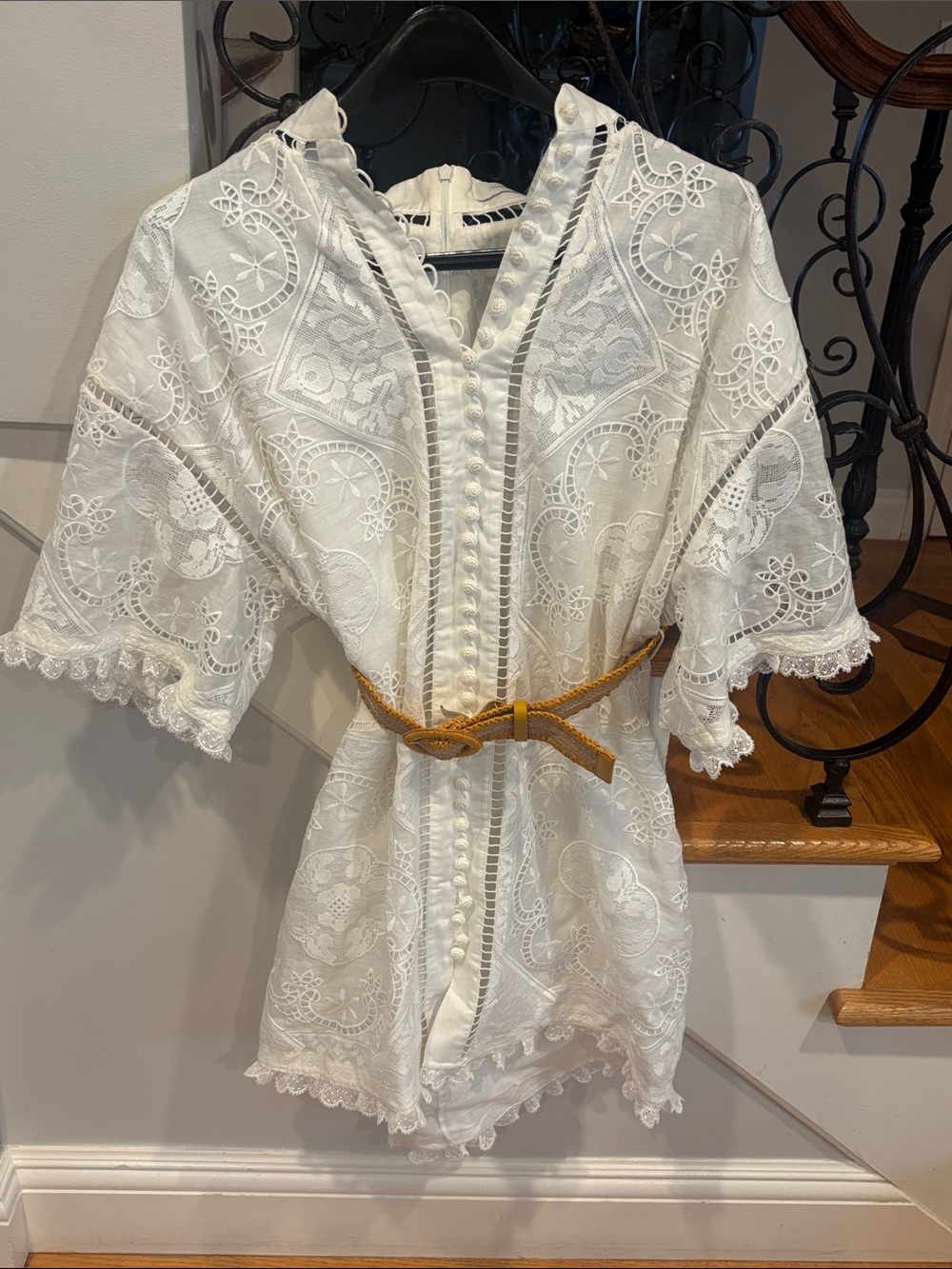 Zimmermann White Embroidered Lace Button-Front Tunic with Tan Belt